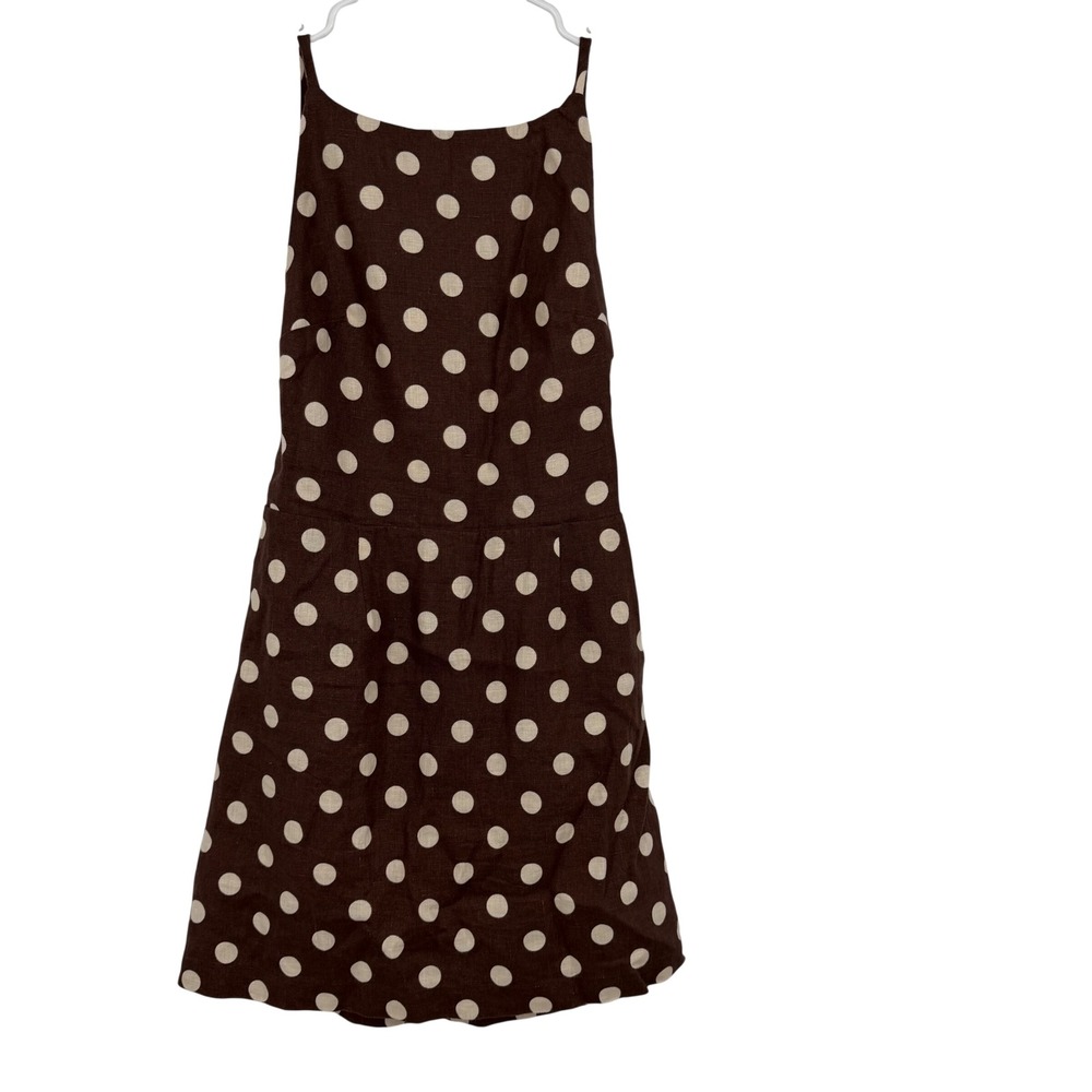 Posse Linen Mini Dress Womens XS Brown Polka Dot Excellent Open Back Adjustable